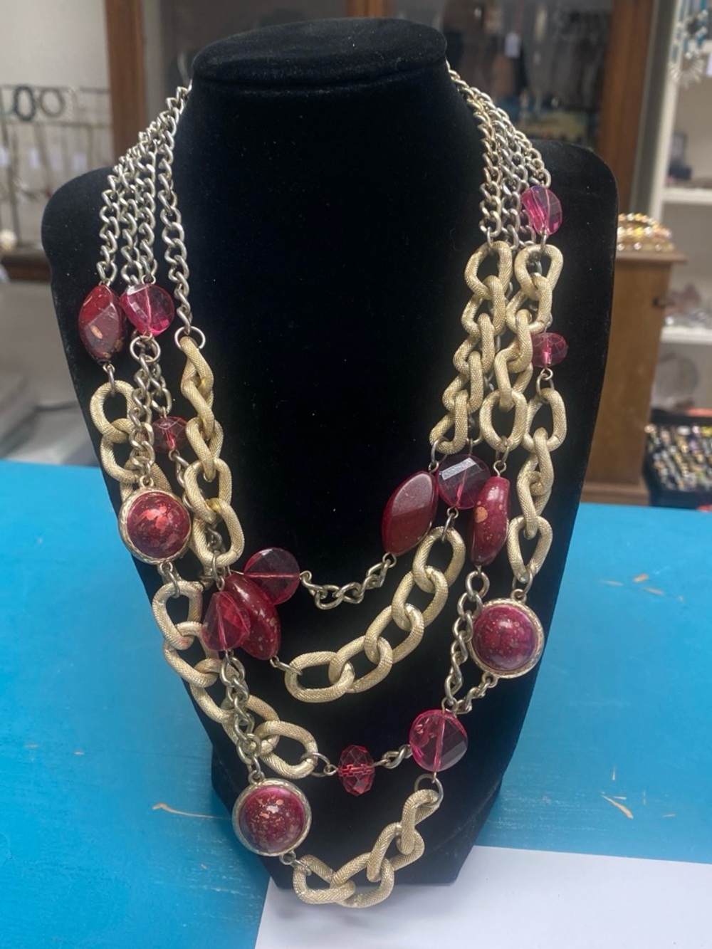 Statement Gold Chain Multi-Strand Necklace with Red Beads - Women Jewelry